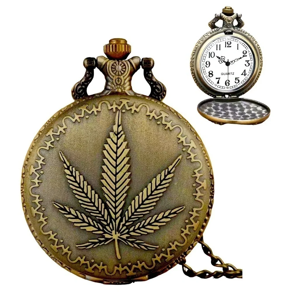 Pocket Watch Bronze Plant Leaf Long Chain Quartz Analog Retro with Gift Pouch